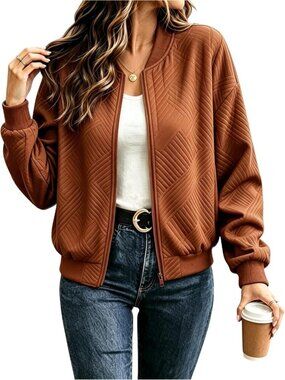 Women Caramel Chevron Textured Bomber Jacket Zip Up Lightweight Casual Fall Coat